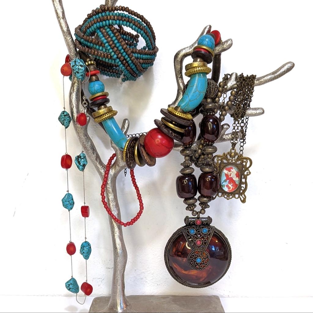 6 Pc Jewelry Lot Set Necklaces Bracelets Red Blue Bronze